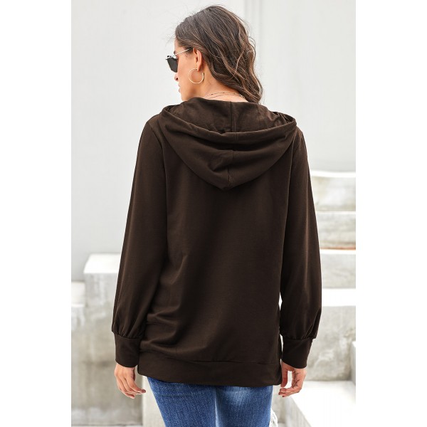 Brown Long Sleeve Hoodie with Rope Drawstring