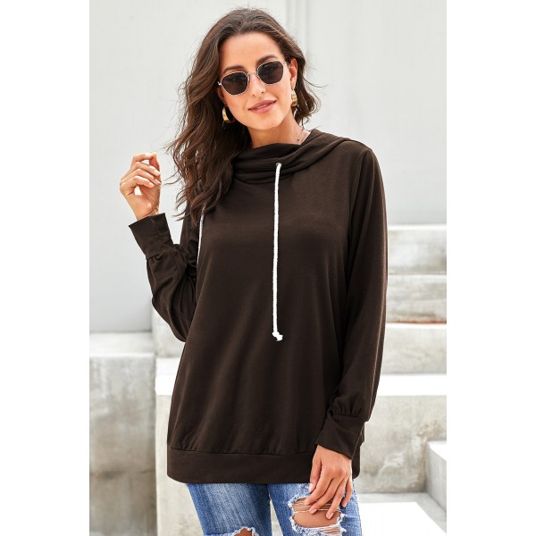 Brown Long Sleeve Hoodie with Rope Drawstring