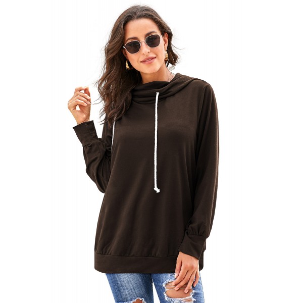 Brown Long Sleeve Hoodie with Rope Drawstring