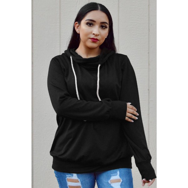 Black Long Sleeve Hoodie with Rope Drawstring