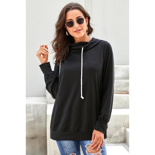 Black Long Sleeve Hoodie with Rope Drawstring