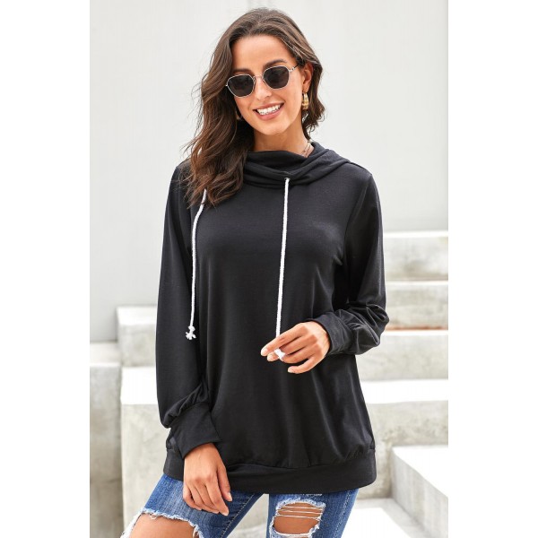 Black Long Sleeve Hoodie with Rope Drawstring