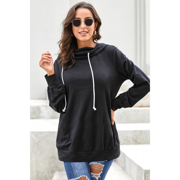 Black Long Sleeve Hoodie with Rope Drawstring