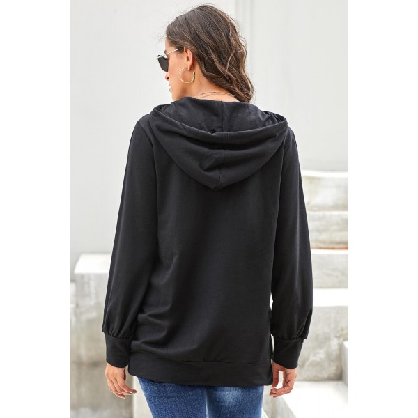 Black Long Sleeve Hoodie with Rope Drawstring