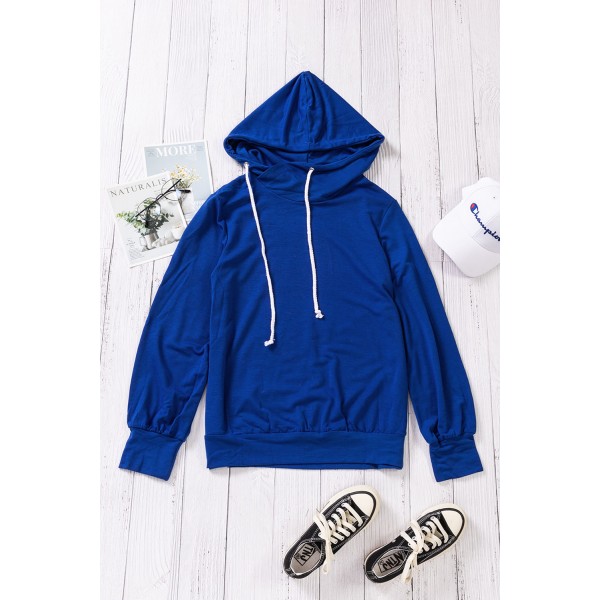 Blue Long Sleeve Hoodie with Rope Drawstring