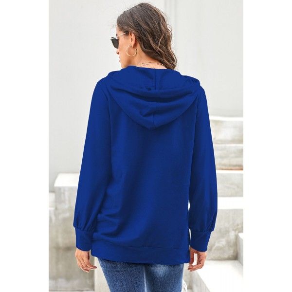 Blue Long Sleeve Hoodie with Rope Drawstring