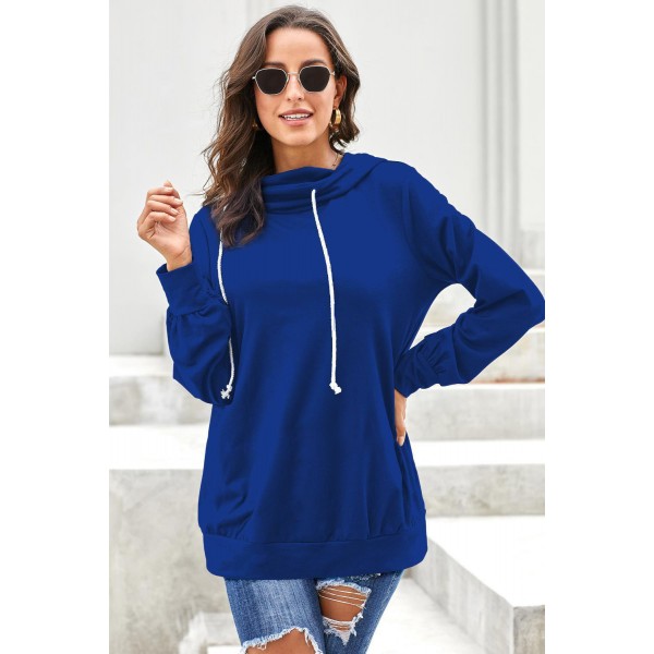 Blue Long Sleeve Hoodie with Rope Drawstring