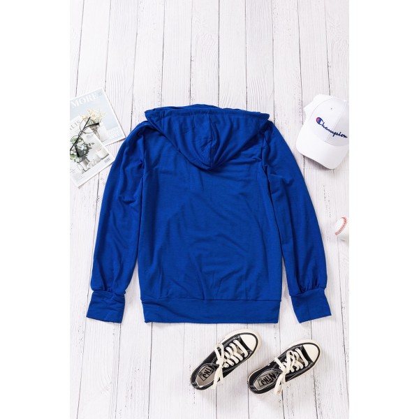 Blue Long Sleeve Hoodie with Rope Drawstring