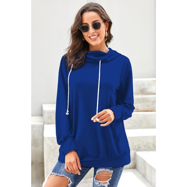 Blue Long Sleeve Hoodie with Rope Drawstring