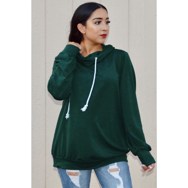 Green Long Sleeve Hoodie with Rope Drawstring