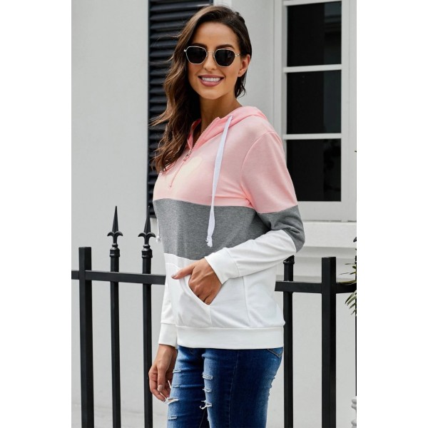 Pink Color Block Zipped Neck Hoodie