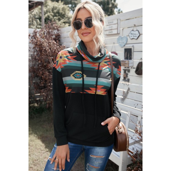 Black Aztec Cowl Pullover Hoodie