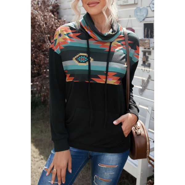 Black Aztec Cowl Pullover Hoodie