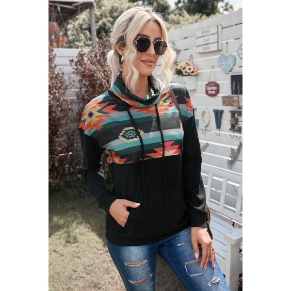 Black Aztec Cowl Pullover Hoodie
