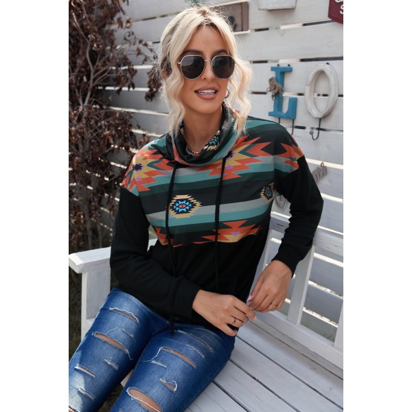 Black Aztec Cowl Pullover Hoodie
