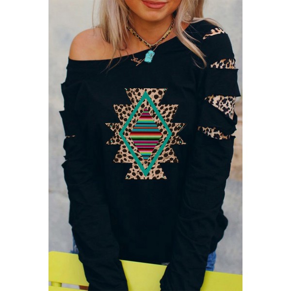 Leopard Geometric Print Cut-out Long Sleeve Sweatshirt