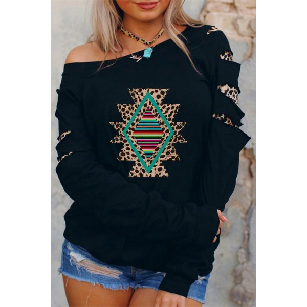 Leopard Geometric Print Cut-out Long Sleeve Sweatshirt