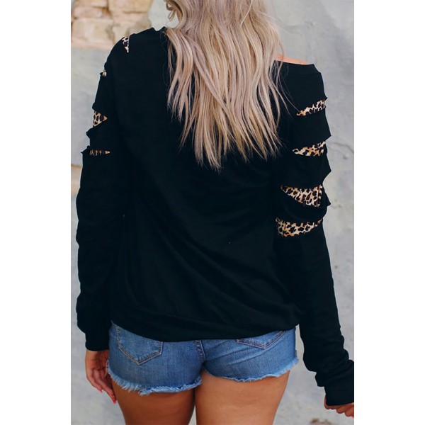 Leopard Geometric Print Cut-out Long Sleeve Sweatshirt