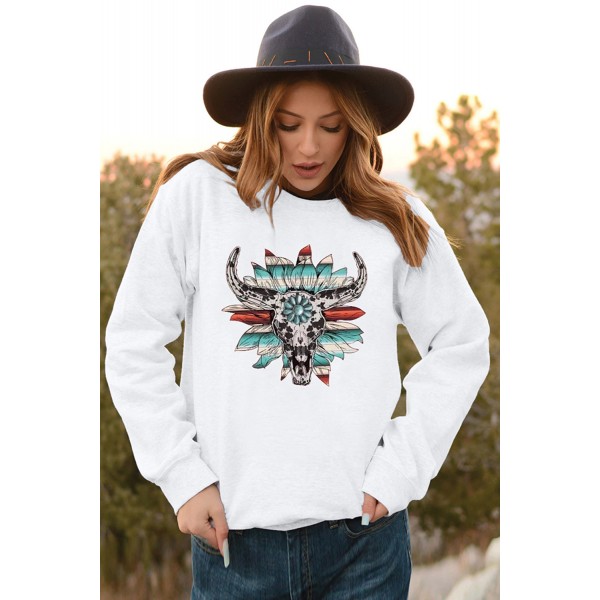 Serape Floral Steer Head Graphic White Sweatshirt