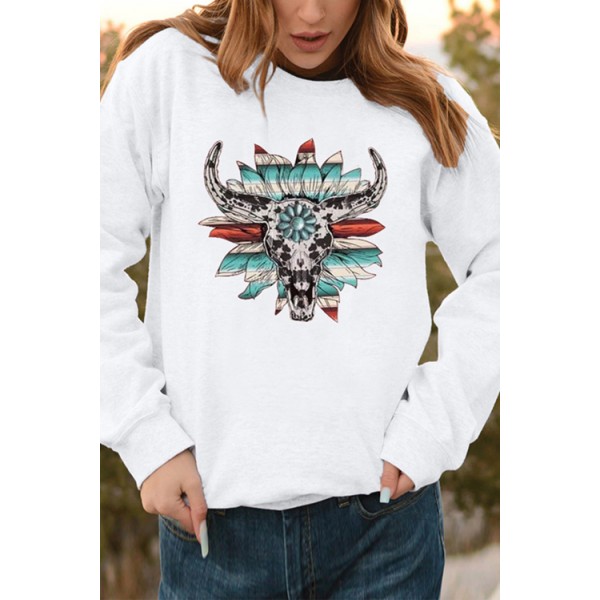 Serape Floral Steer Head Graphic White Sweatshirt