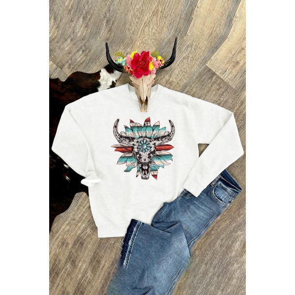 Serape Floral Steer Head Graphic White Sweatshirt