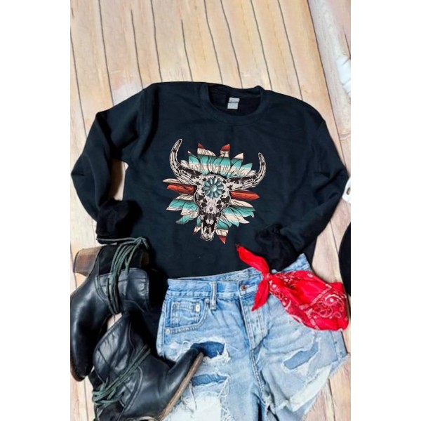 Serape Floral Steer Head Graphic Black Sweatshirt