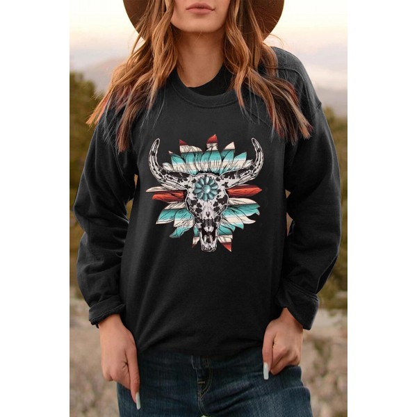 Serape Floral Steer Head Graphic Black Sweatshirt