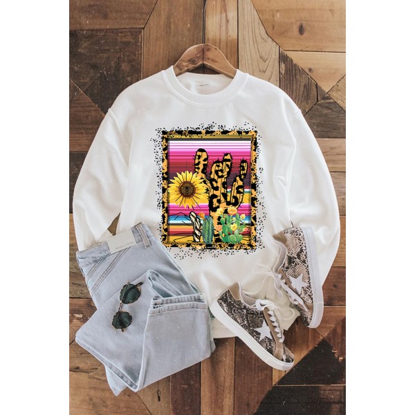 Leopard Cactus Floral Print Crewneck Pullover Sweatshirt