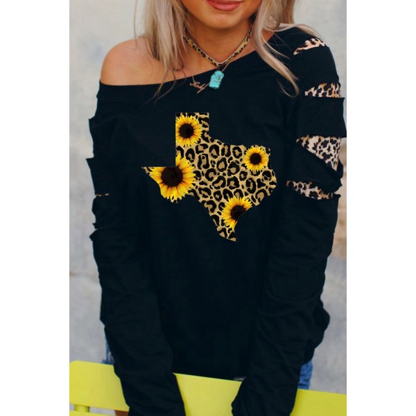 Leopard Sunflower Patchwork Cut Out Long Sleeve Sweatshirt
