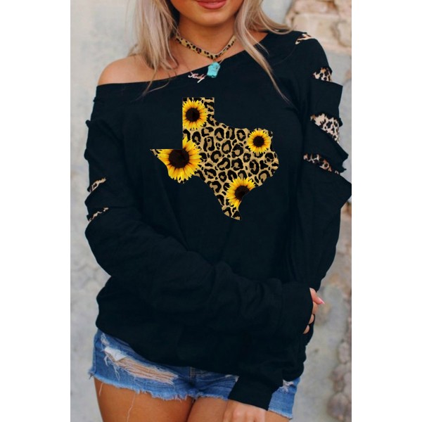 Leopard Sunflower Patchwork Cut Out Long Sleeve Sweatshirt