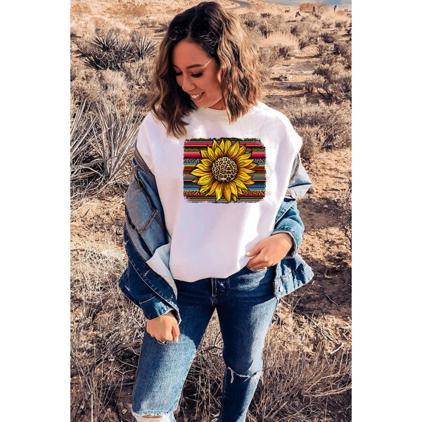 White Leopard Striped Sunflower Print Pullover Sweatshirt