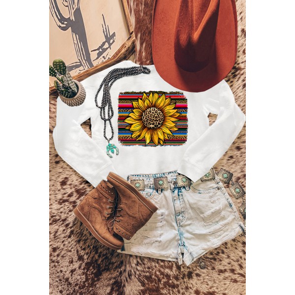 White Leopard Striped Sunflower Print Pullover Sweatshirt
