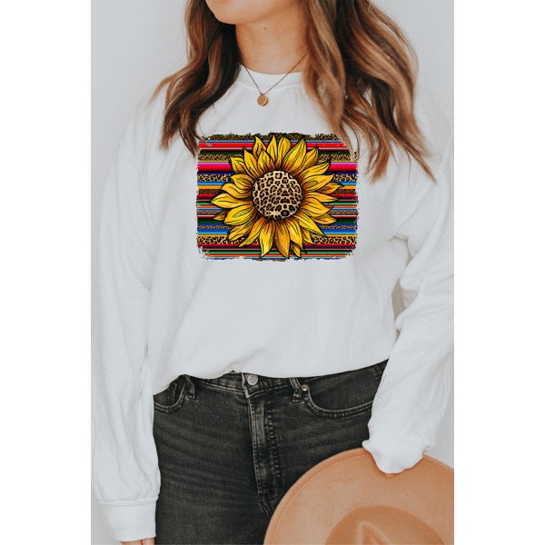 White Leopard Striped Sunflower Print Pullover Sweatshirt