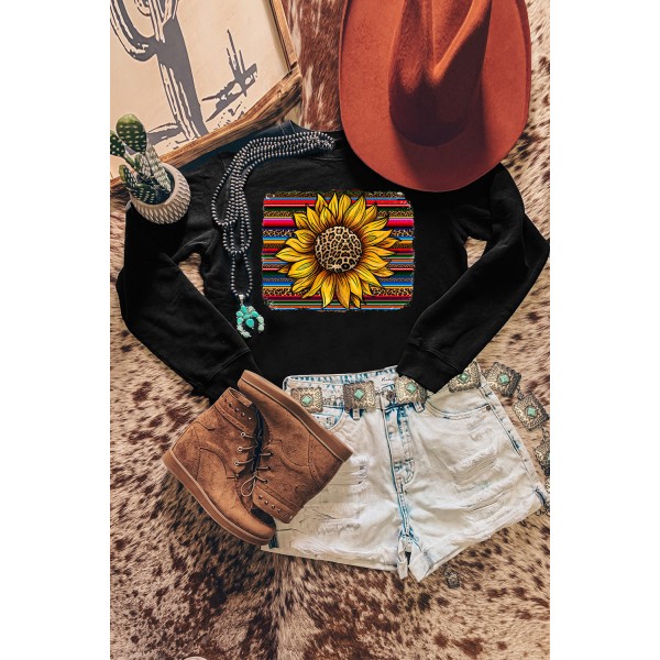 Black Leopard Striped Sunflower Print Pullover Sweatshirt