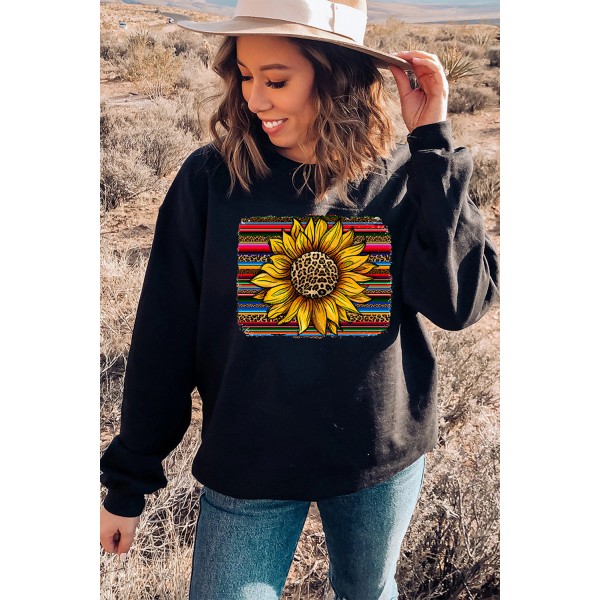 Black Leopard Striped Sunflower Print Pullover Sweatshirt