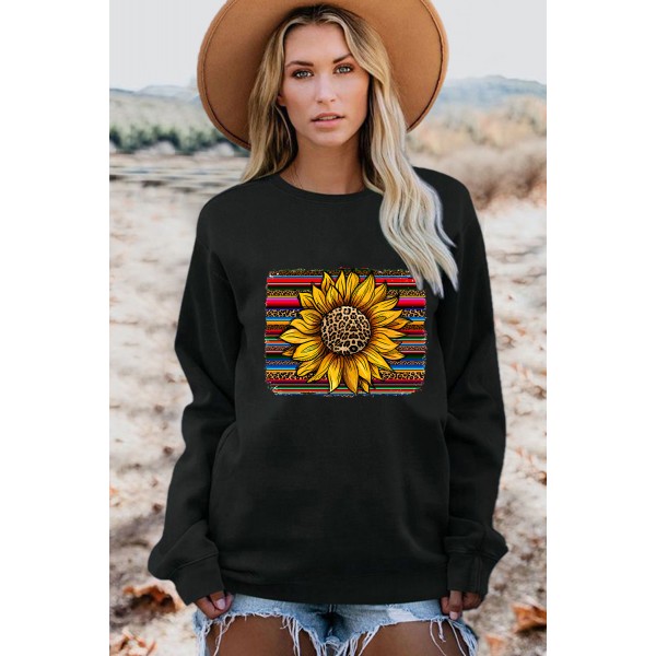 Black Leopard Striped Sunflower Print Pullover Sweatshirt