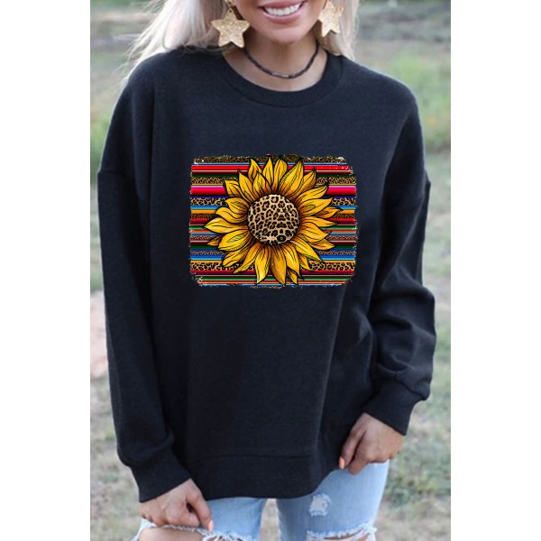 Black Leopard Striped Sunflower Print Pullover Sweatshirt