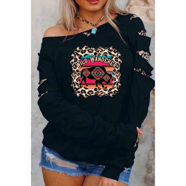 Letter Leopard Serape Print Cut-out Graphic Sweatshirt