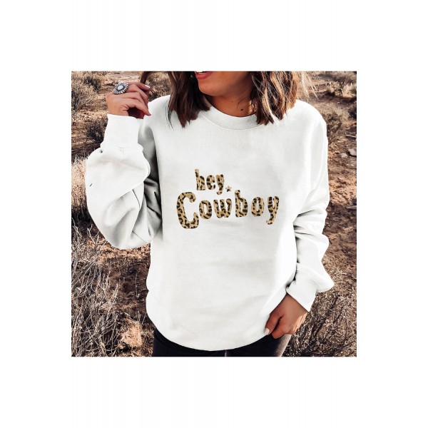 Leopard Letter Print Long Sleeve Pullover Sweatshirt