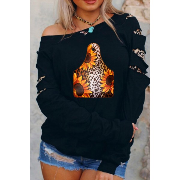 Leopard Sunflower Print Cut-out Long Sleeve Sweatshirt