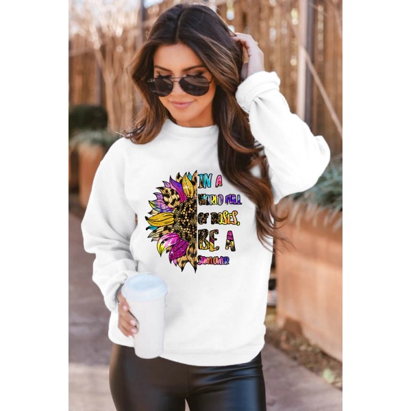 Leopard Sunflower Letter Print Crewneck Pullover Sweatshirt