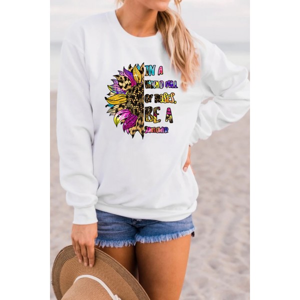 Leopard Sunflower Letter Print Crewneck Pullover Sweatshirt
