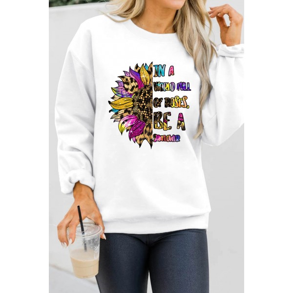 Leopard Sunflower Letter Print Crewneck Pullover Sweatshirt