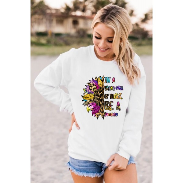 Leopard Sunflower Letter Print Crewneck Pullover Sweatshirt