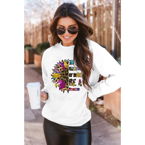 Leopard Sunflower Letter Print Crewneck Pullover Sweatshirt