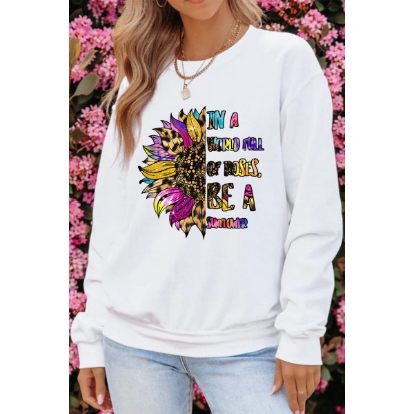 Leopard Sunflower Letter Print Crewneck Pullover Sweatshirt