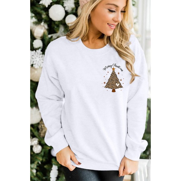 Leopard Christmas Tree Letter Print Pullover Sweatshirt