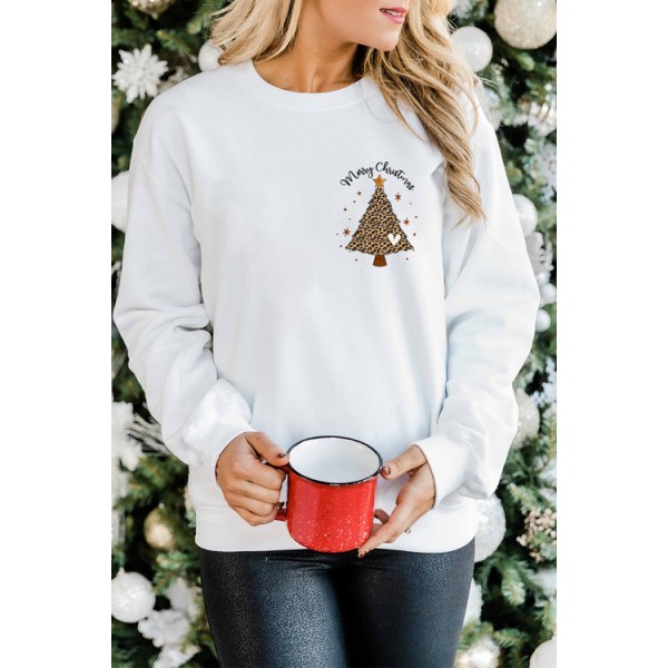 Leopard Christmas Tree Letter Print Pullover Sweatshirt