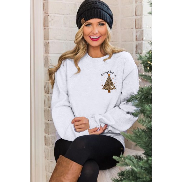 Leopard Christmas Tree Letter Print Pullover Sweatshirt