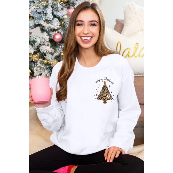 Leopard Christmas Tree Letter Print Pullover Sweatshirt